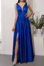 Load image into Gallery viewer, Long Satin Prom Dress 2023 Plunging Neck A-Line Zipper Up Pleats with Slit
