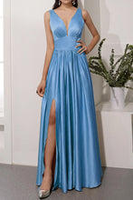 Load image into Gallery viewer, Long Satin Prom Dress 2023 Plunging Neck A-Line Zipper Up Pleats with Slit
