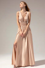 Load image into Gallery viewer, Long Satin Prom Dress 2023 Plunging Neck A-Line Zipper Up Pleats with Slit
