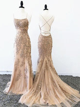 Load image into Gallery viewer, Champagne Prom Dress 2023 Spaghetti Straps Lace Appliques
