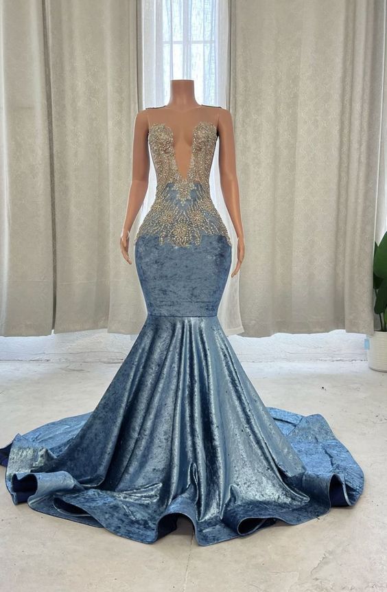 cute prom dresses 2023 2023 Junior Mermaid V Neck Blue Lace Long Prom Dresses with Slit AB100