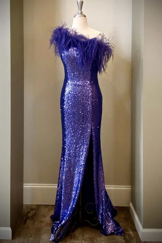 Grape Prom Dress 2023 One-shoulder Sequin with Feathers