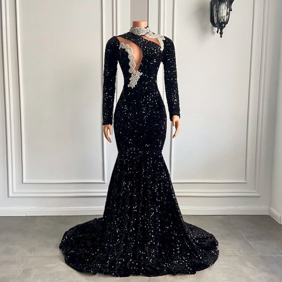 Black Prom Dress 2023 Sequin Hollow Long Sleeves