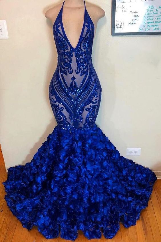 Royal Blue Prom Dress 2023 Sexy Halter Neck Sequin