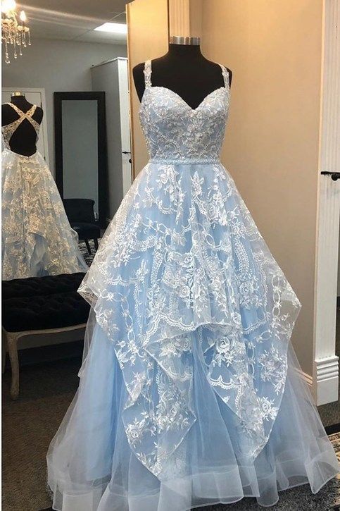 Baby Blue Long Prom Dress 2023 Lace Sweetheart Horsehair Hem