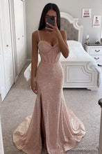 Load image into Gallery viewer, Pink Prom Dress 2023 Sequin with Split Spaghetti Straps
