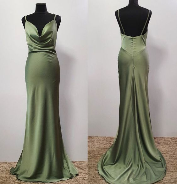 Green Prom Dress 2023 Cowl Neck Spaghetti Straps Zipper Up