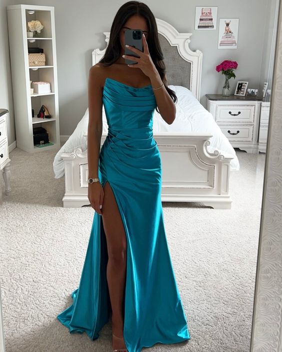 trendy prom dresses Trendy Prom Dress 2023 Satin Draping with Slit – DCdress