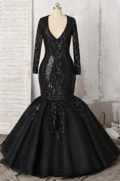 Black Plus Size Prom Dress 2023 Black Girls Slay V Neck Long Sleeves Sequin