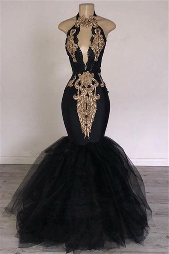 Black Prom Dress 2023 Halter Neck Appliques Tulle