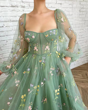 Load image into Gallery viewer, Puffy Prom Dress 2023 Square Neck Long Sleeves Floral Embroidery Tulle Corset Back
