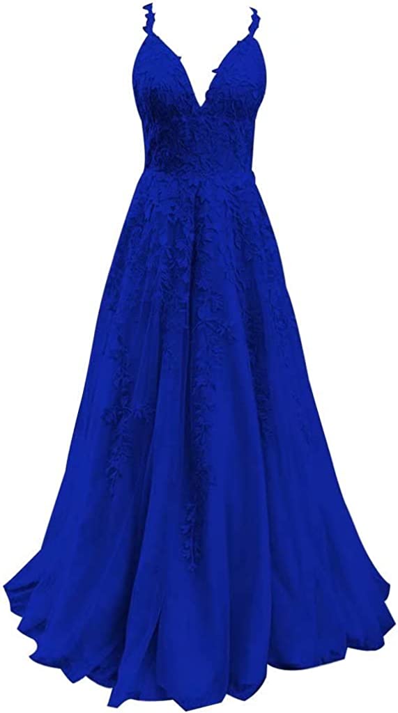 Women's Formal A Line Lace Appliques Prom Dresses 2023 Long Tulle V-Neck