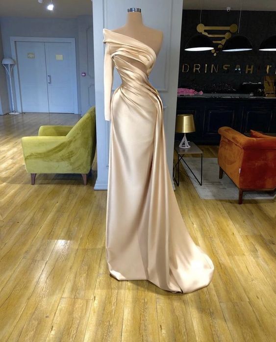 Champagne Long Prom Dress 2023 One-shoulder Satin