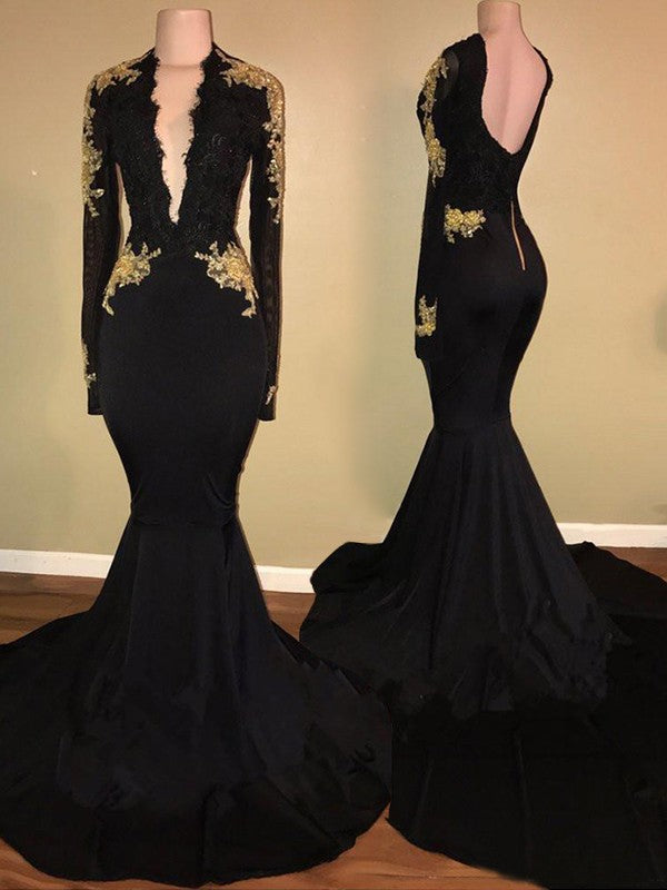 Black Prom Dress 2023 Sexy Plunging Neck with Long Sleeves Appliques