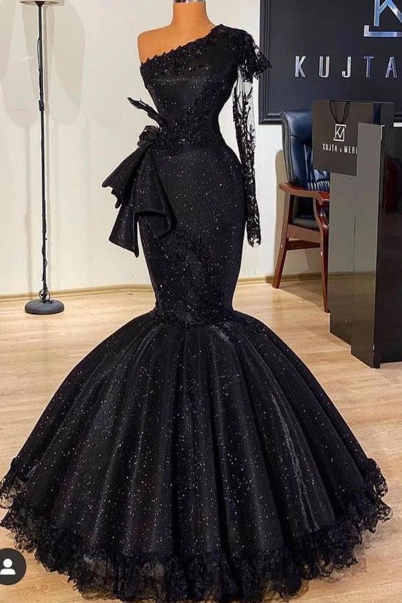 Black Prom Dress 2023 One-shoulder Sequin Draping