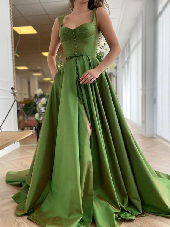 Green Long Prom Dress 2023 Straps with Slit Buttons
