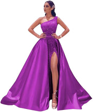 Load image into Gallery viewer, Prom Dresses 2023 Long Satin Ball Gown One Shoulder Sequin with Slit Lace Up
