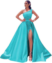 Load image into Gallery viewer, Prom Dresses 2023 Long Satin Ball Gown One Shoulder Sequin with Slit Lace Up
