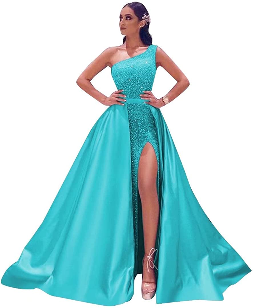 Prom Dresses 2023 Long Satin Ball Gown One Shoulder Sequin with Slit Lace Up