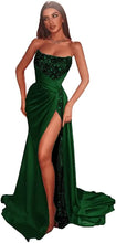 Load image into Gallery viewer, Sequin Prom Dresses 2023 Mermaid High Slit Satin Sparkly Draping Strapless
