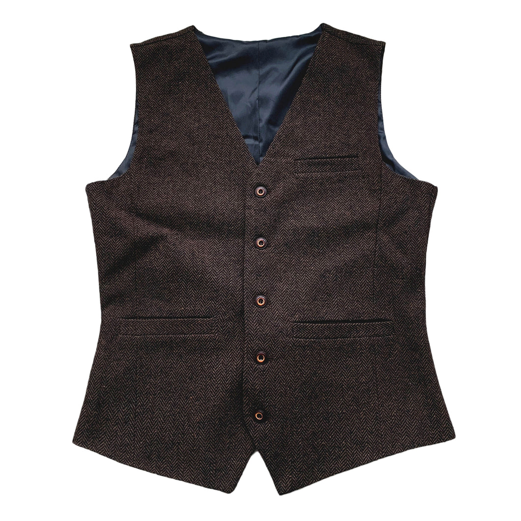 Coffee Herringbone Tweed Wedding Vest for Groomsmen