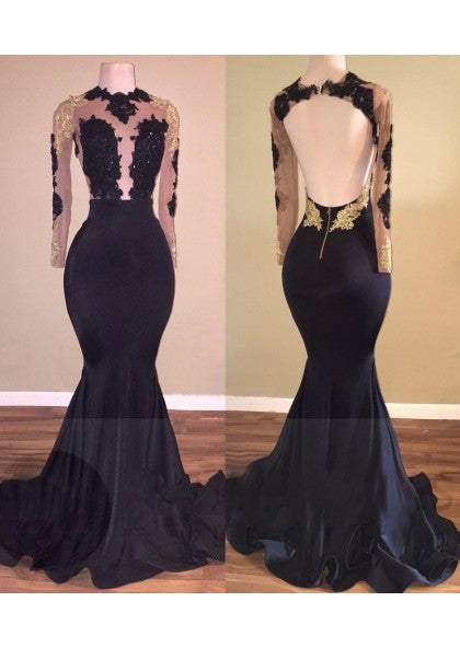 Black Prom Dress 2023 Sexy Illusion Neck with Long Sleeves Appliques