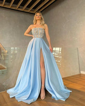 Load image into Gallery viewer, Sky Blue Prom Dress 2023 Strapless with High Split
