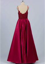 Load image into Gallery viewer, Burgundy Prom Dress 2023 Embroidery Satin with Pockets
