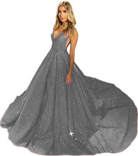 Load image into Gallery viewer, Women&#39;s Glitter Satin Prom Dresses 2023 V Neck Sleeveless Lace Up Back
