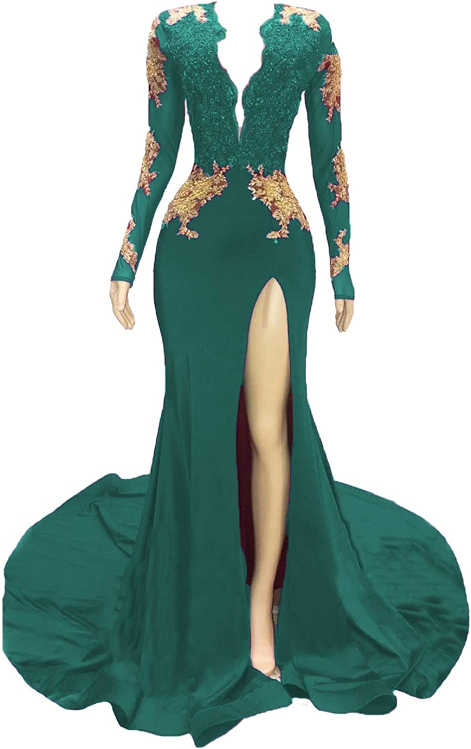 Women's Prom Dress 2023 Long Sleeves Plunging Neck Mermaid Jersey with Slit