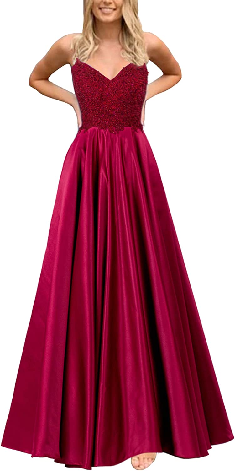 Burgundy Prom Dress 2023 Embroidery Satin with Pockets