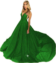 Load image into Gallery viewer, Women&#39;s Glitter Satin Prom Dresses 2023 V Neck Sleeveless Lace Up Back
