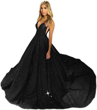 Load image into Gallery viewer, Women&#39;s Glitter Satin Prom Dresses 2023 V Neck Sleeveless Lace Up Back
