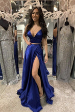 Load image into Gallery viewer, Two Pieces Prom Dress 2023 V Neck Satin with Slit
