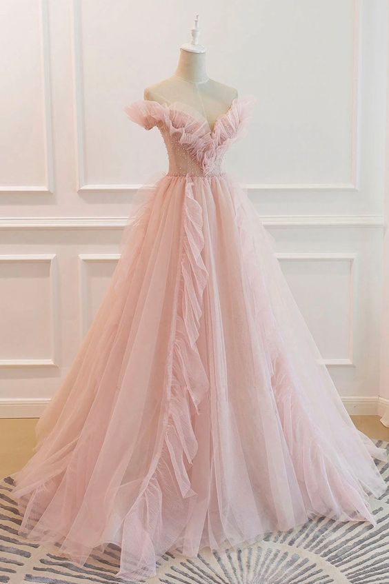 Blush Pink Prom Dress Fairy V Neck Ruffles Tulle with Peats