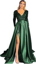 Load image into Gallery viewer, Prom Dress 2023 with Slit  Long Sleeves Sequin V Neck Sparkly Satin Corset Back
