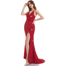 Load image into Gallery viewer, Women&#39;s Spaghetti Straps Sequin Prom Dress 2023 Mermaid V Neck with Slit Crisscross Back
