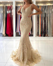 Load image into Gallery viewer, Champagne Prom Dress 2023 V Neck Lace Appliques
