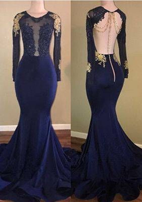 Navy Blue Prom Dress 2023 Illusion Neck Open Back