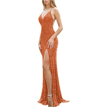 Load image into Gallery viewer, Women&#39;s Spaghetti Straps Sequin Prom Dress 2023 Mermaid V Neck with Slit Crisscross Back
