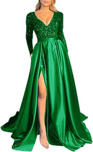 Load image into Gallery viewer, Prom Dress 2023 with Slit  Long Sleeves Sequin V Neck Sparkly Satin Corset Back
