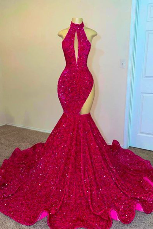 Hot Pink Prom Dress 2023 Halter Neck Sequin Hollow DCdress Hot Pink Prom Dress 2023 Halter Neck Sequin Hollow DCdress