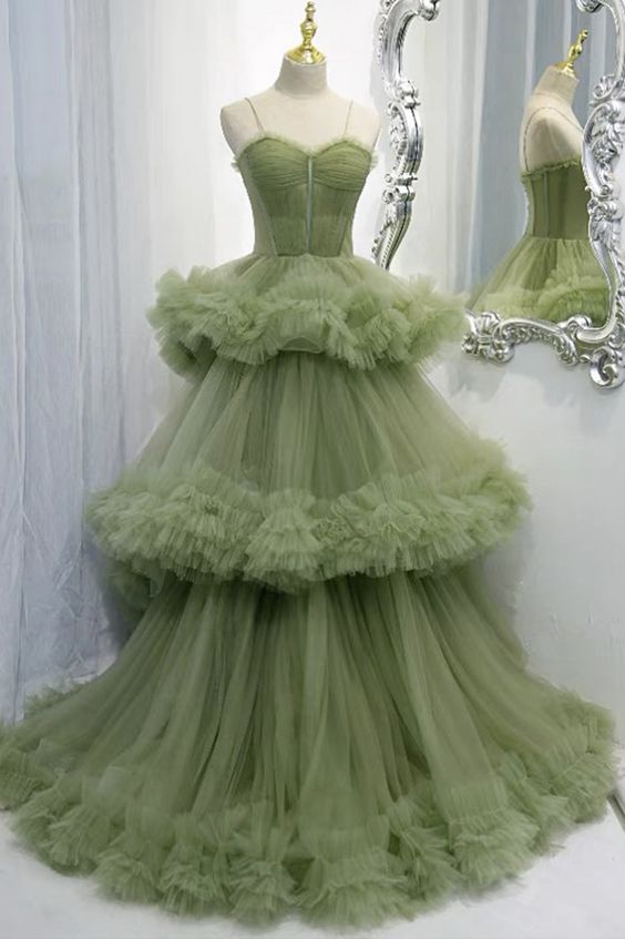 Green Prom Dress 2023 Ball Gown Puffy Spaghetti Straps