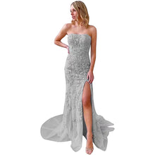 Load image into Gallery viewer, Elegant Prom Dress 2023 Strapless Lace Appliques Mermaid Tulle Long with Slit
