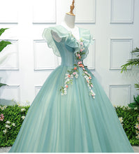 Load image into Gallery viewer, Fairy Prom Dress 2023 V  Neck Ruffles Sleeves Corser Back Flower
