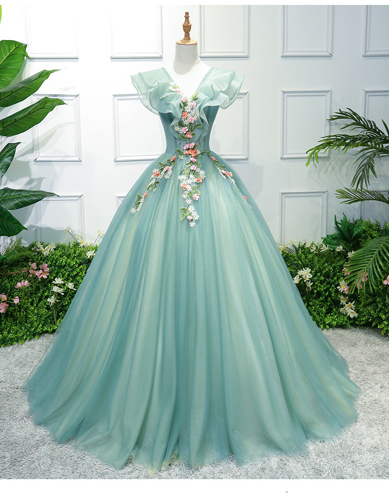 Fairy Prom Dress 2023 V  Neck Ruffles Sleeves Corser Back Flower