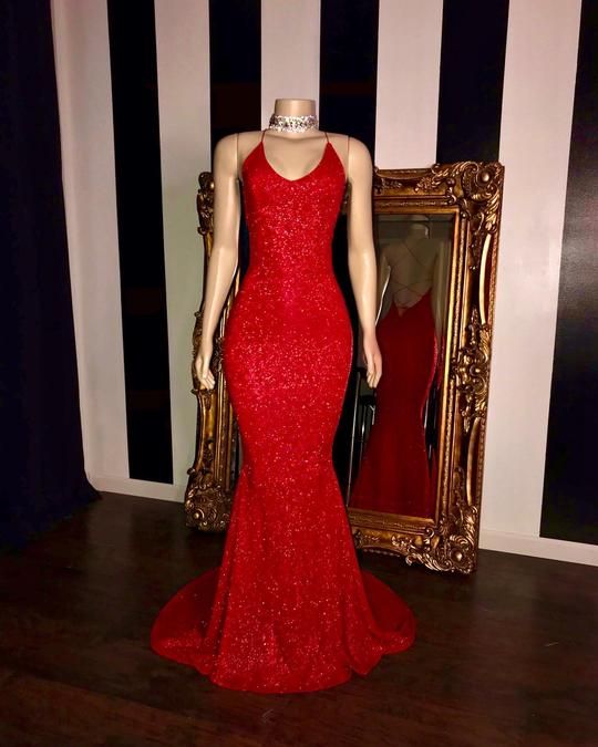 Red Prom Dress 2023 Spaghetti Straps Crisscross Back Glitter