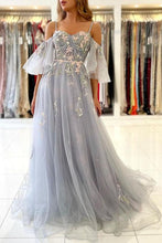 Load image into Gallery viewer, Dusty Blue Prom Dress 2023 Spaghetti Straps with Sleeves Appliiques
