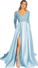 Load image into Gallery viewer, Prom Dress 2023 with Slit  Long Sleeves Sequin V Neck Sparkly Satin Corset Back
