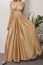 Load image into Gallery viewer, Long Satin Prom Dress 2023 Plunging Neck A-Line Zipper Up Pleats with Slit
